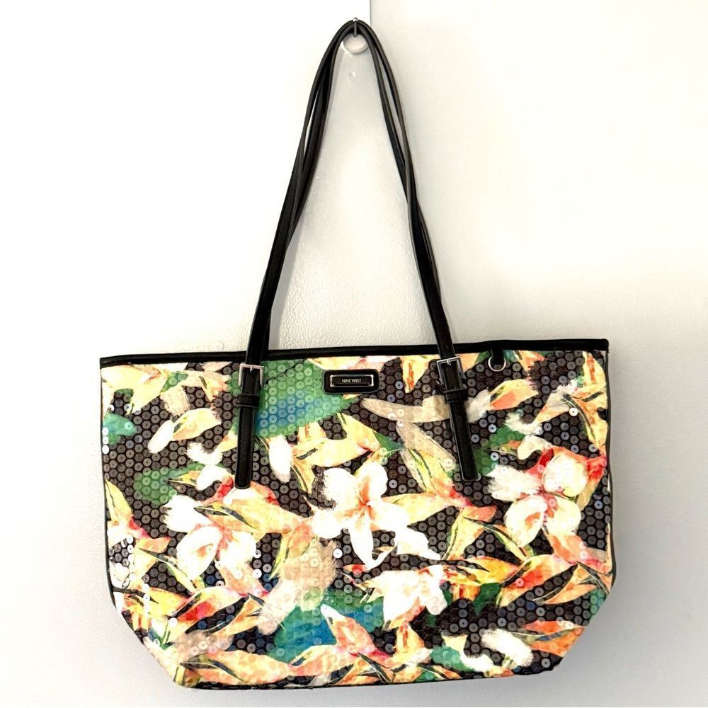 Nine west sequin large bag purse floral Flowers Black Base Color